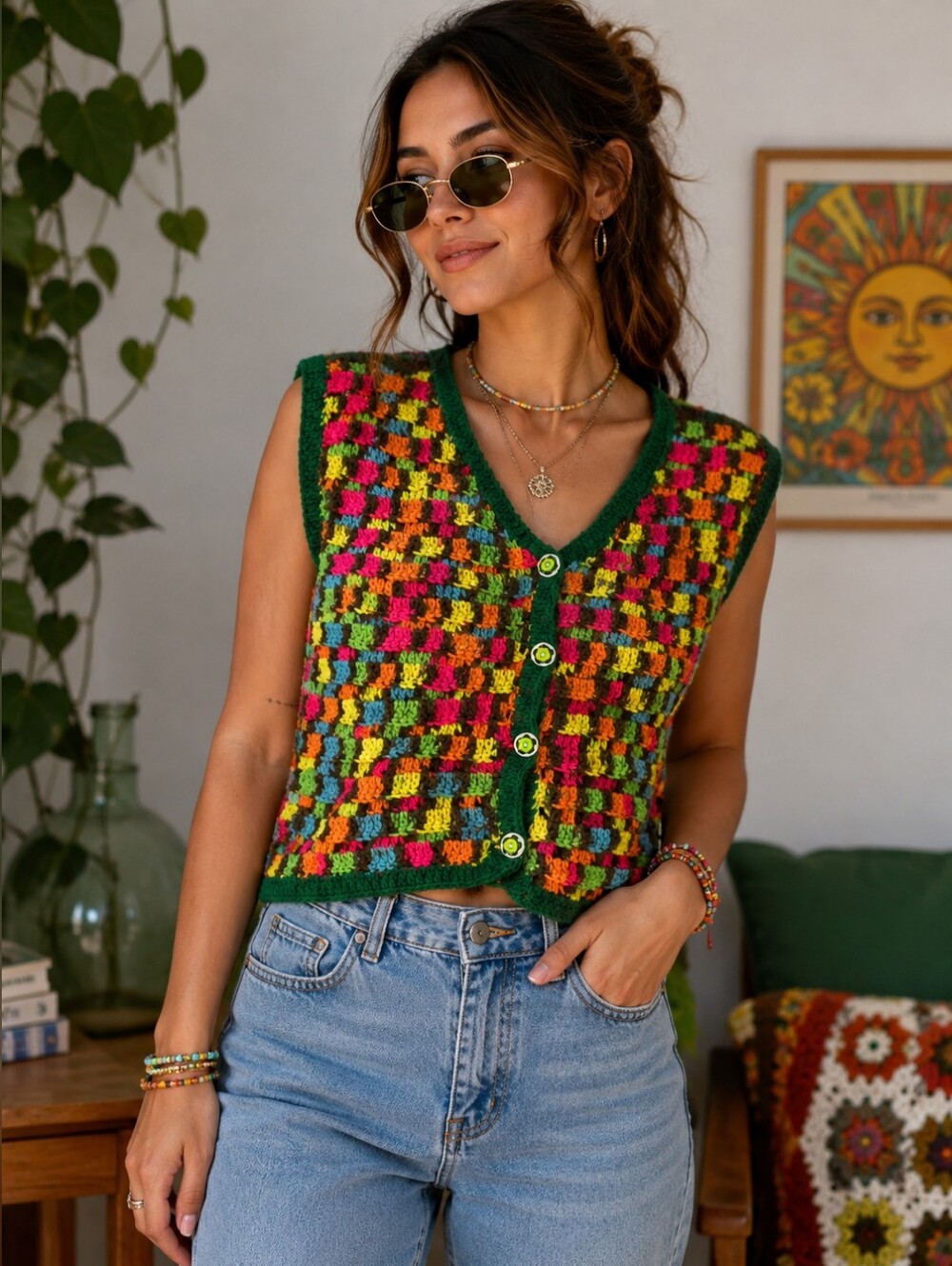 Handmade Chunky funky Square Vest Color Pop Geometric Granny Artsy Indie